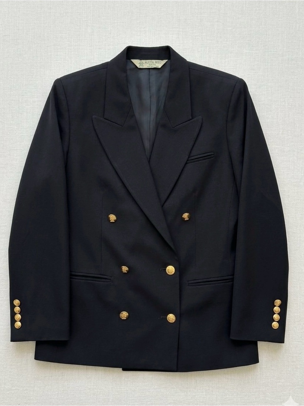 Austin Reed Women's Double-Breasted Blazer Wool Gold Buttons Black 8 Petite Vtg